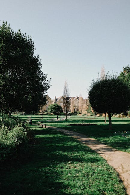 A serene park scene featuring a narrow, winding concrete pathway bordered by well-maintained grassy areas and various mature trees with dense, dark green foliage. In the background, there are resident
